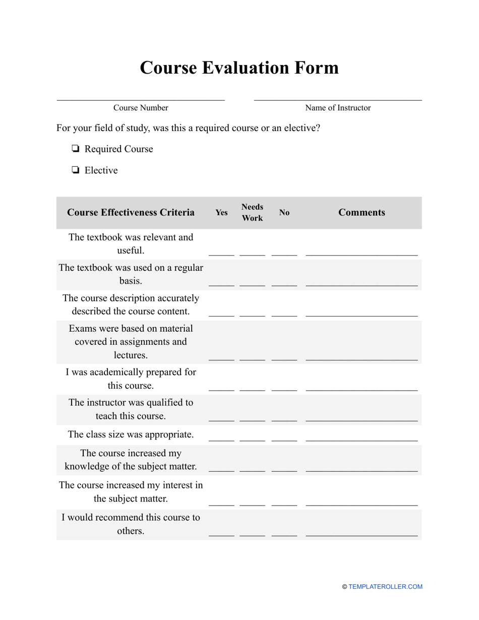 Printable Course Evaluation Form Template