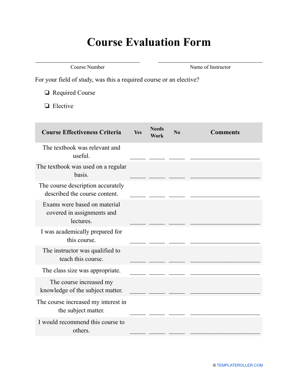 Course Evaluation Form - Small Table, Page 1