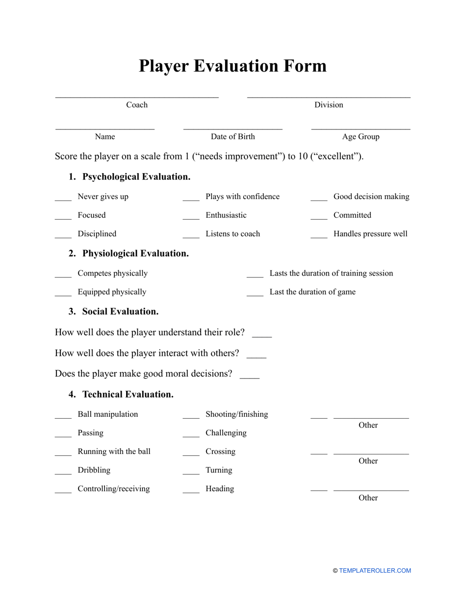 Player Evaluation Form, Page 1