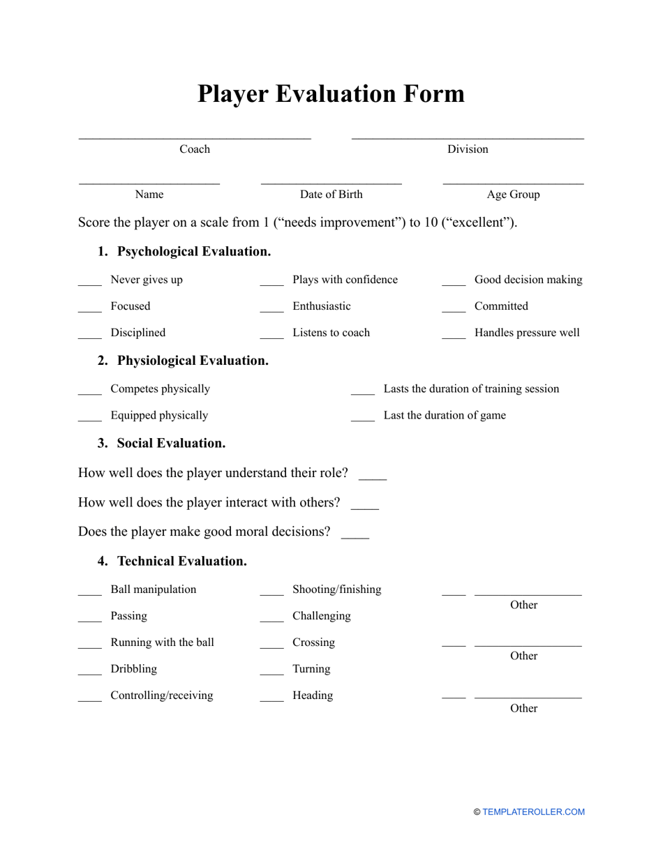 Soccer Player Evaluation Form Fill Online Printable Fillable Blank 