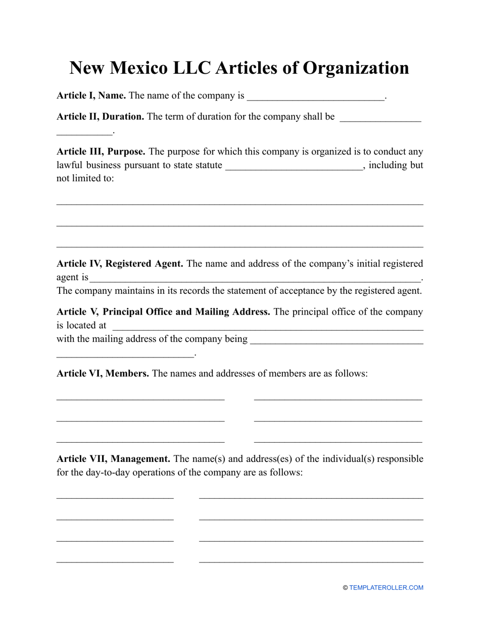 LLC Articles of Organization Form - New Mexico, Page 1