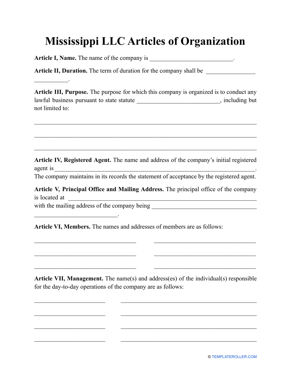 LLC Articles of Organization Form - Mississippi, Page 1