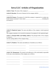 Document preview: LLC Articles of Organization Form - Iowa