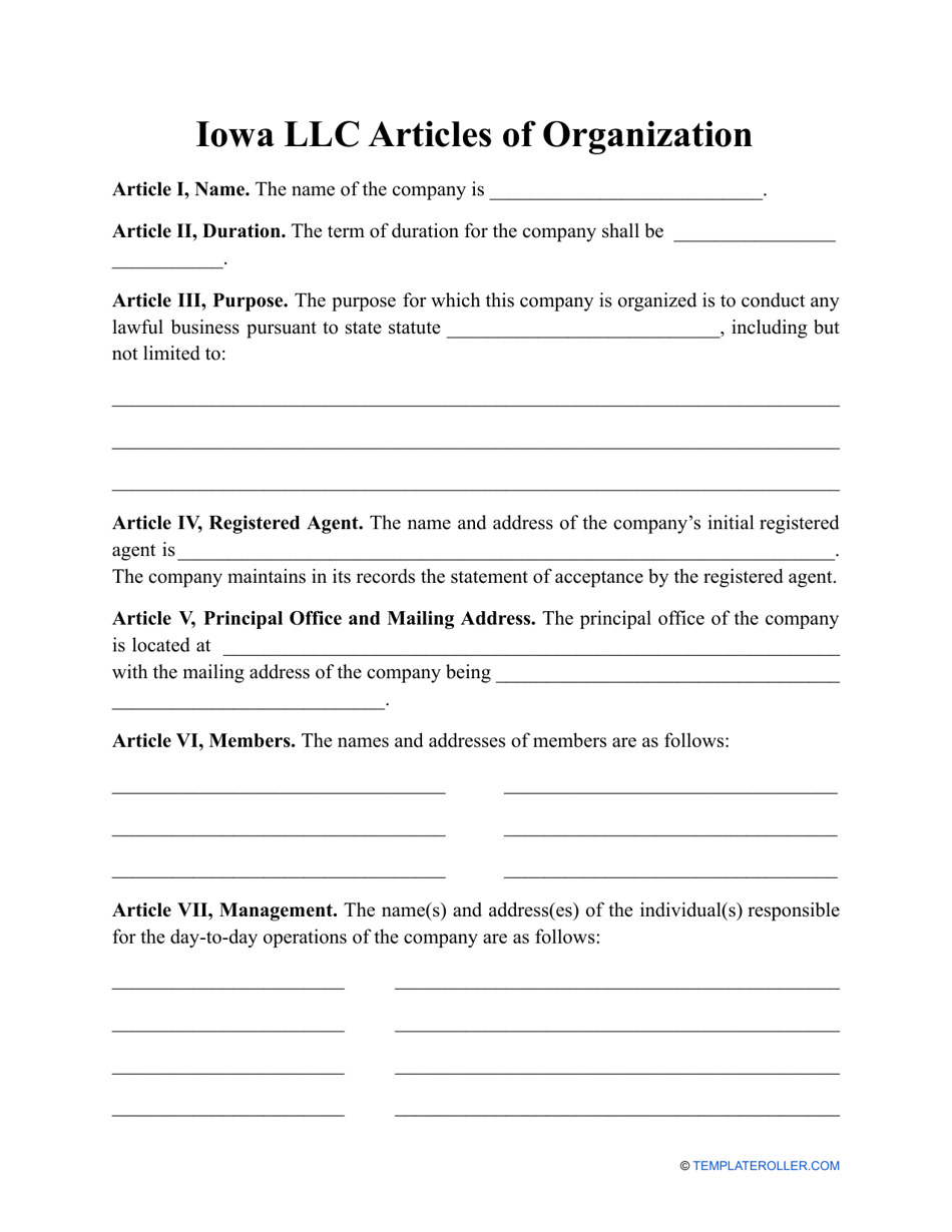 LLC Articles of Organization Form - Iowa, Page 1