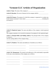 Document preview: LLC Articles of Organization Form - Vermont