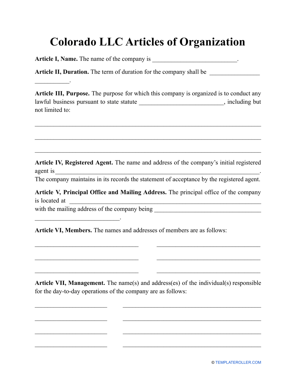 Colorado LLC Articles of Organization Form Fill Out Sign Online and