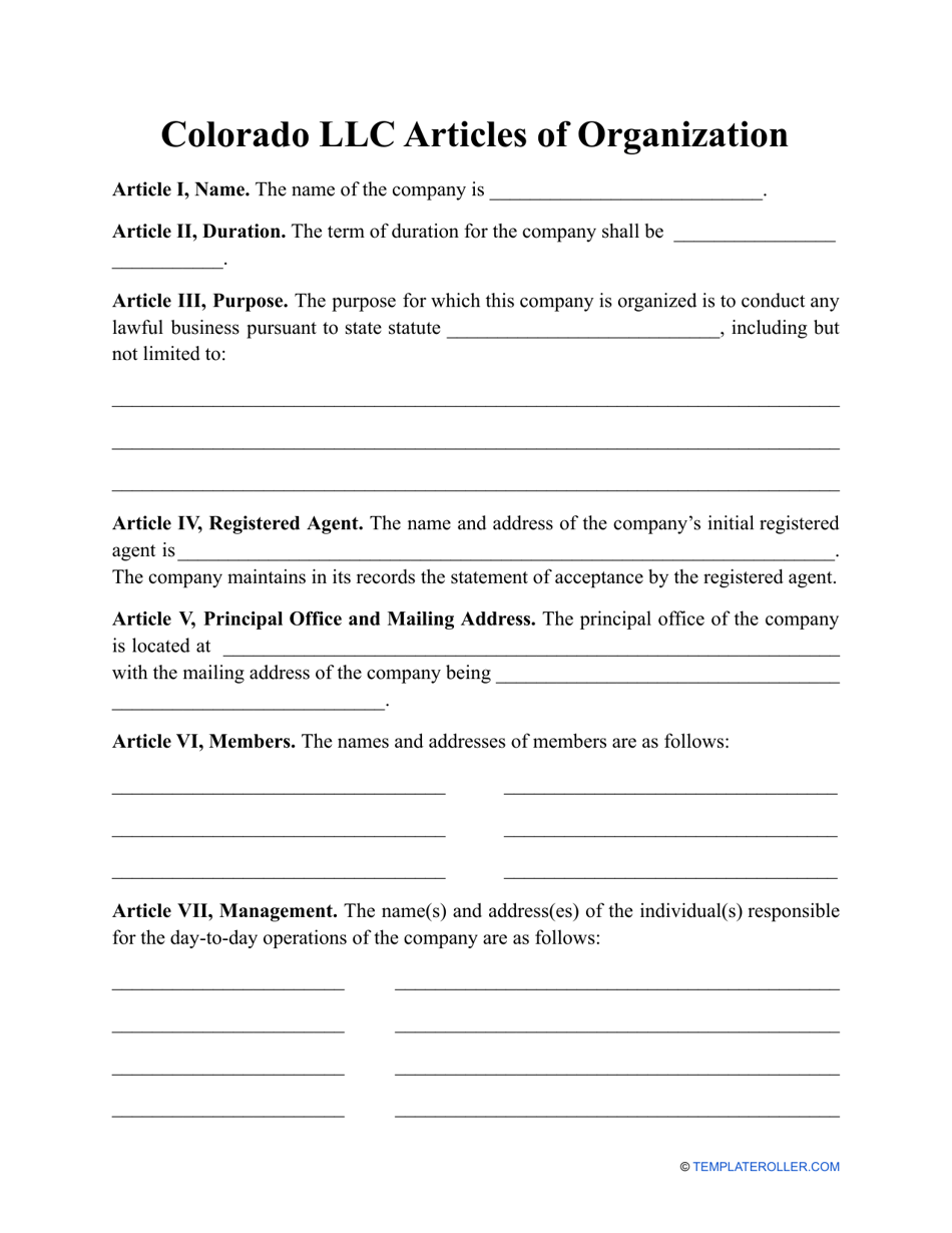 Colorado LLC Articles of Organization Form Download Printable PDF