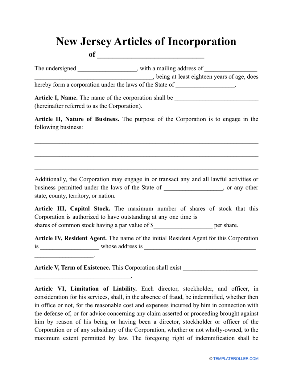 Articles of Incorporation Template - New Jersey, Page 1