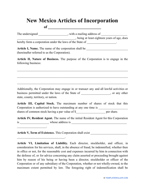 &quot;Articles of Incorporation Template&quot; - New Mexico Download Pdf
