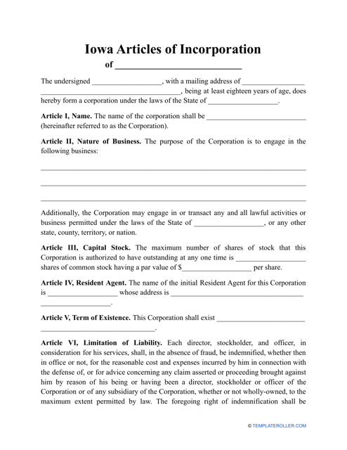 &quot;Articles of Incorporation Template&quot; - Iowa Download Pdf