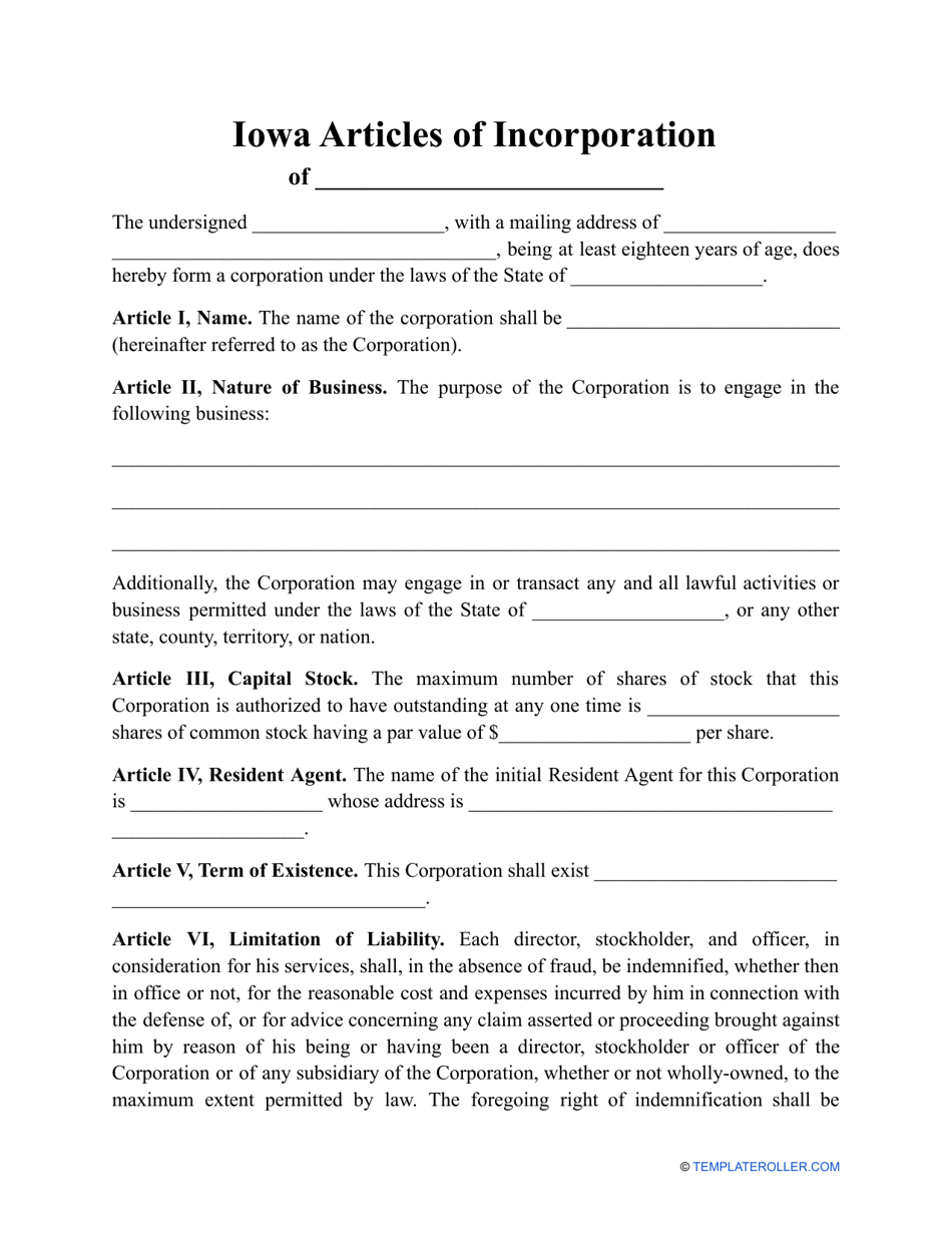 Articles of Incorporation Template - Iowa, Page 1