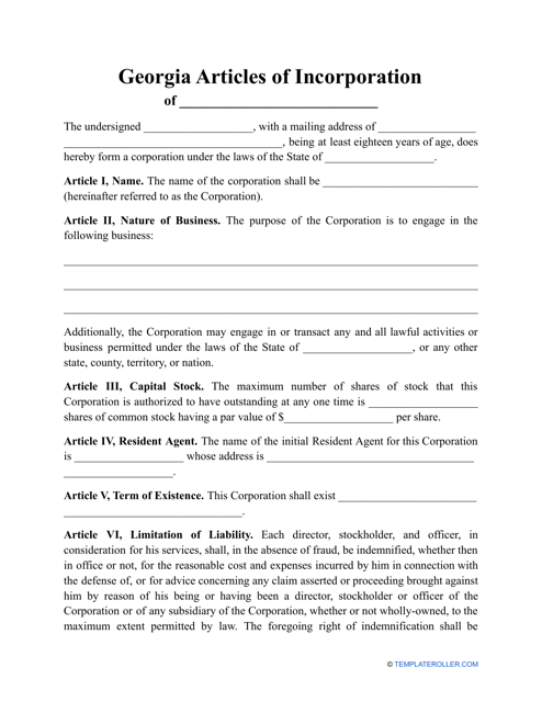 &quot;Articles of Incorporation Template&quot; - Georgia (United States) Download Pdf