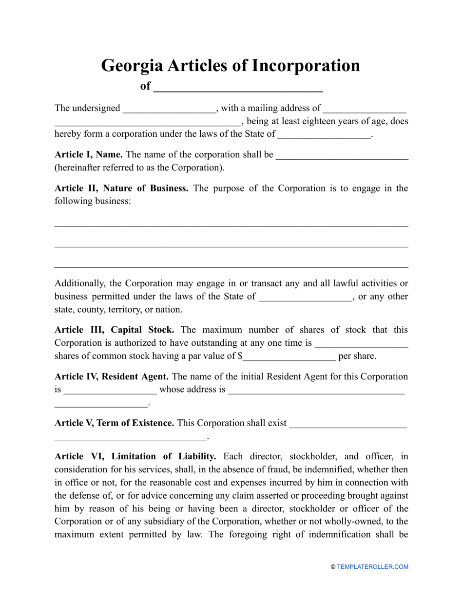 Articles of Incorporation Template - Georgia (United States), Page 1