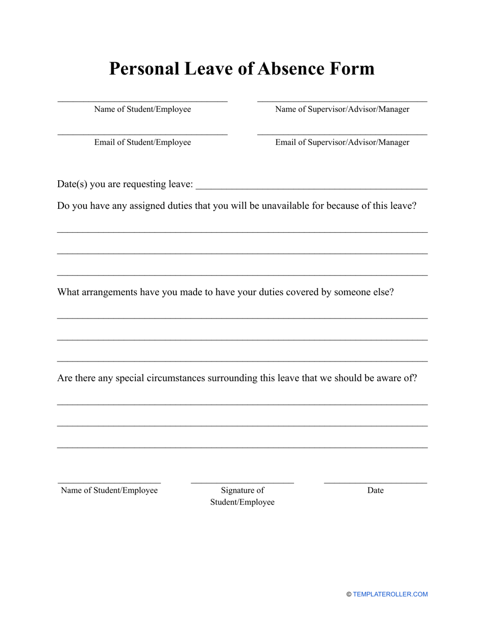 Personal Leave of Absence Form, Page 1
