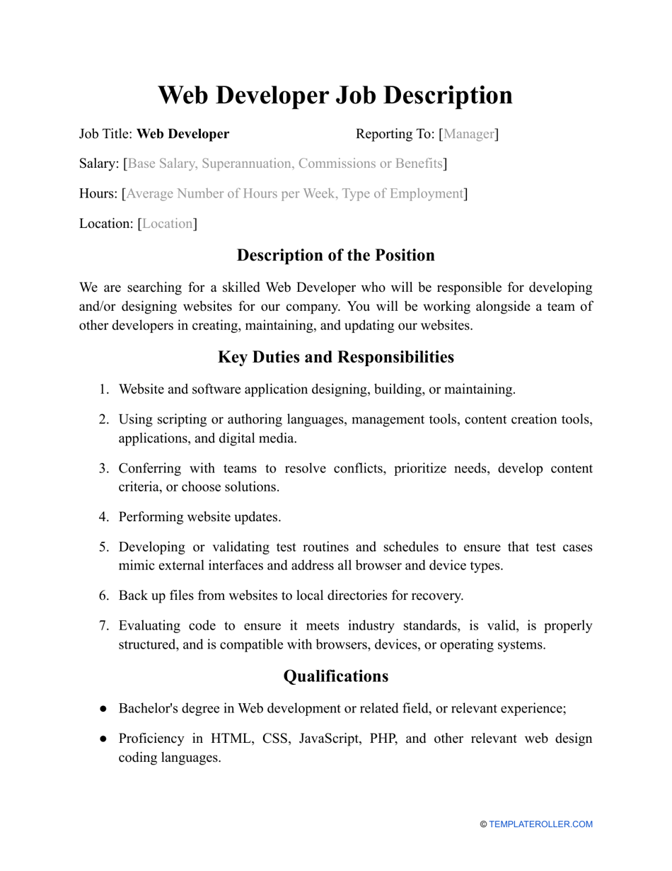 Sample Web Developer Job Description Fill Out Sign Online And 