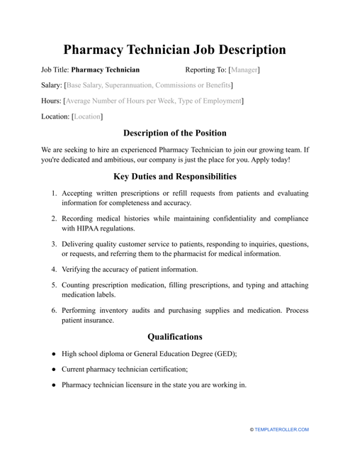 Sample Pharmacy Technician Job Description Download Pdf