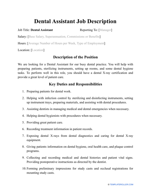 Sample Dental Assistant Job Description Fill Out Sign Online And 