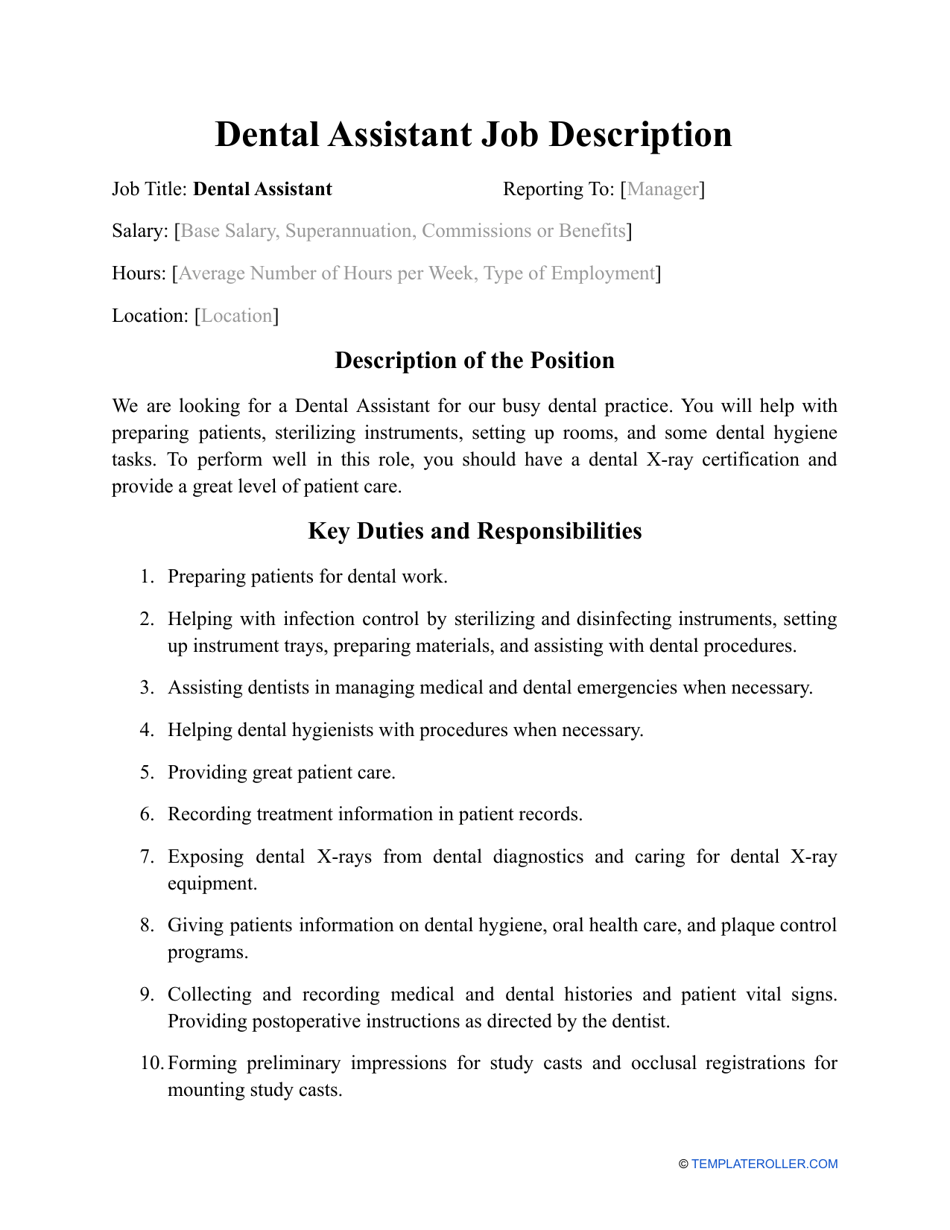 Sample Dental Assistant Job Description Fill Out, Sign Online and