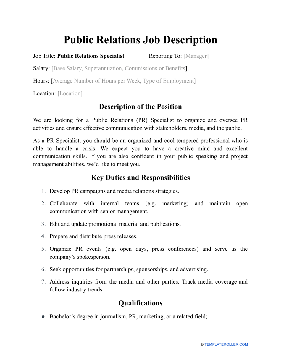 Sample Public Relations Job Description, Page 1