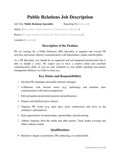 Sample Public Relations Job Description Download Pdf