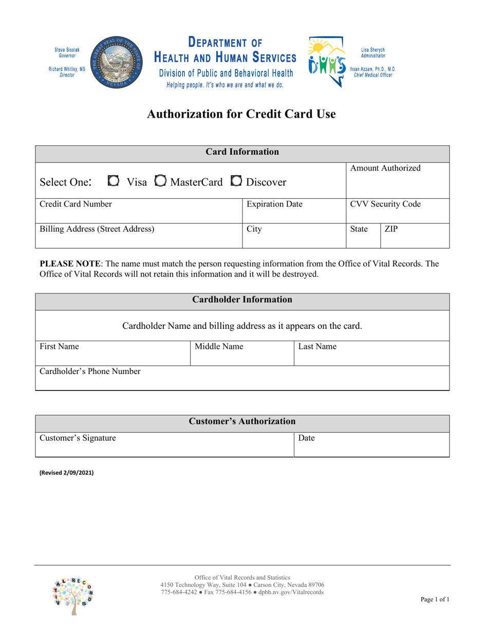 Authorization for Credit Card Use - Nevada, Page 1