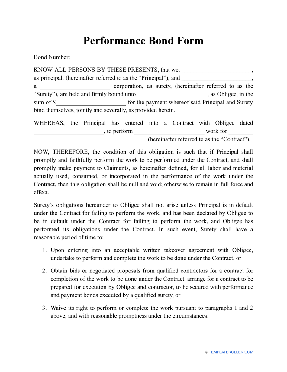 Performance Bond Form Fill Out Sign Online and Download PDF