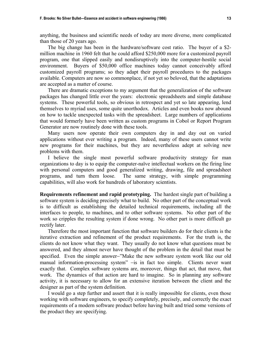 No Silver Bullet - Essence and Accident in Software Engineering - Frederick P. Brooks, Page 13