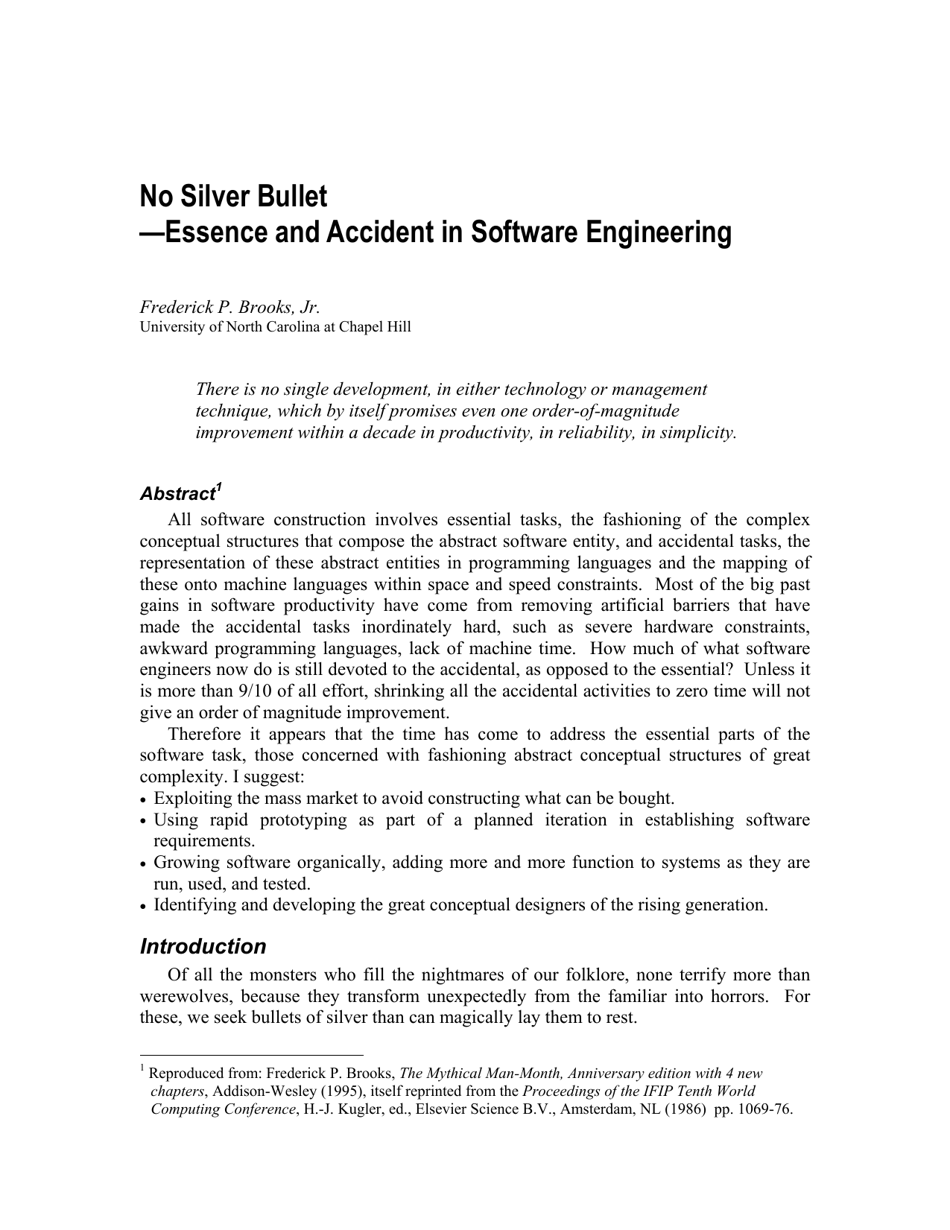 No Silver Bullet - Essence and Accident in Software Engineering by Frederick P. Brooks - Book Cover
