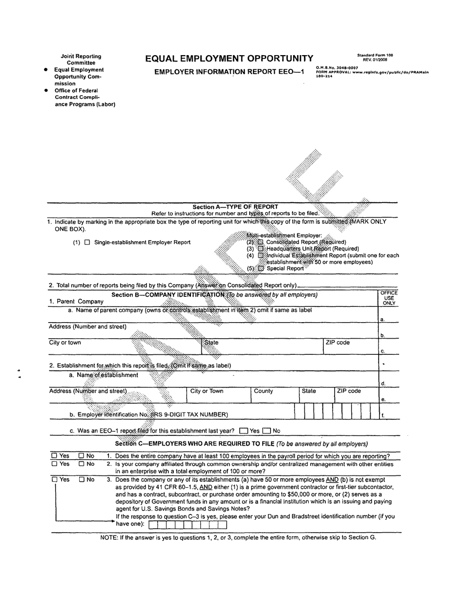 Form SF100 Employer Information Report EEO-1, Page 1