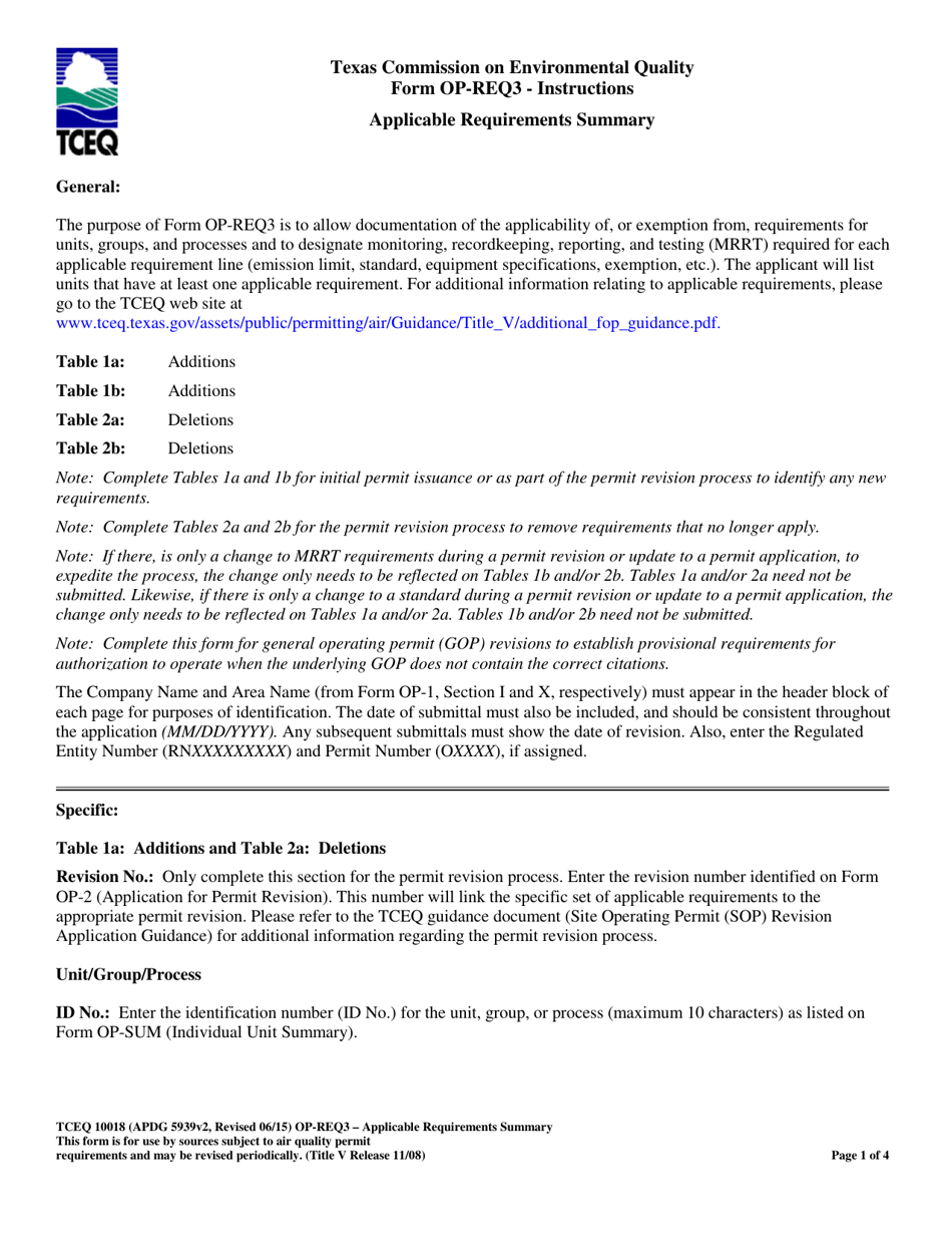 Form OP-REQ3 (TCEQ-10018) Applicable Requirements Summary - Texas, Page 1