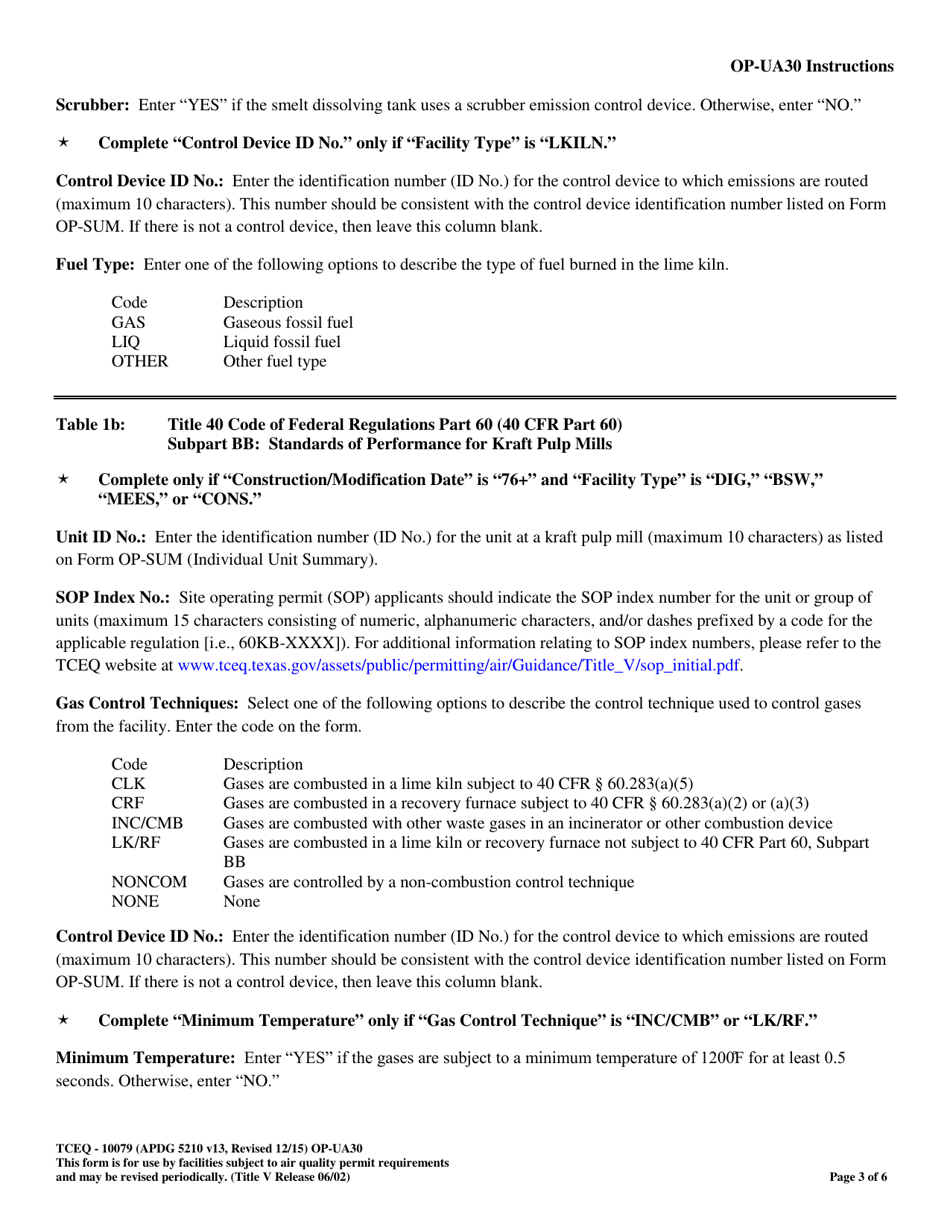 Form OP-UA30 (TCEQ-10079) Kraft, Soda, Sulfite, and Stand-Alone Semichemical Pulp Mill Attributes - Texas, Page 3