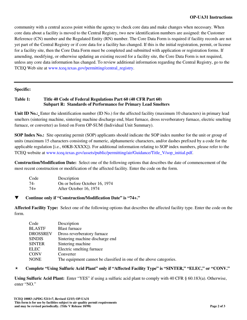 Form OP-UA31 (TCEQ-10083) Lead Smelting Attributes - Texas, Page 2