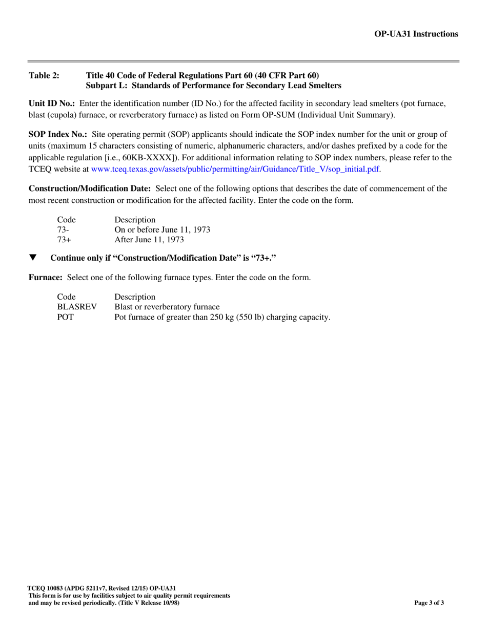 Form OP-UA31 (TCEQ-10083) Lead Smelting Attributes - Texas, Page 3