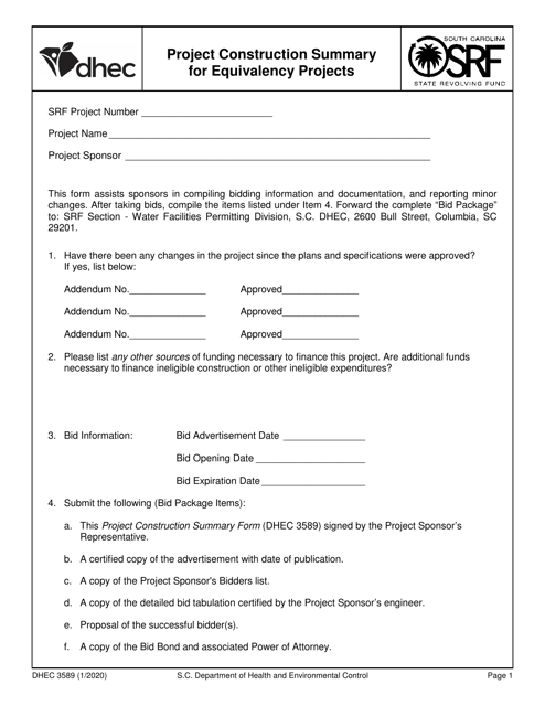 DHEC Form 3589  Printable Pdf