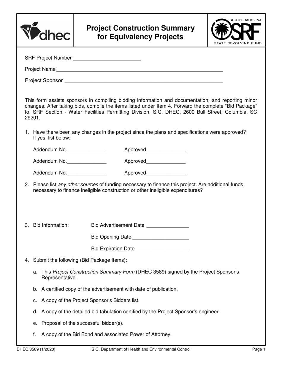 DHEC Form 3589 Project Construction Summary for Equivalency Projects - South Carolina, Page 1