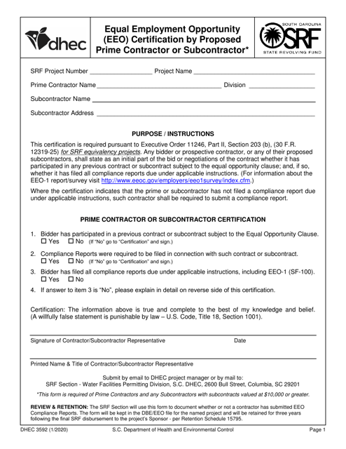 DHEC Form 3592 Equal Employment Opportunity (EEO) Certification by Proposed Prime Contractor or Subcontractor - South Carolina