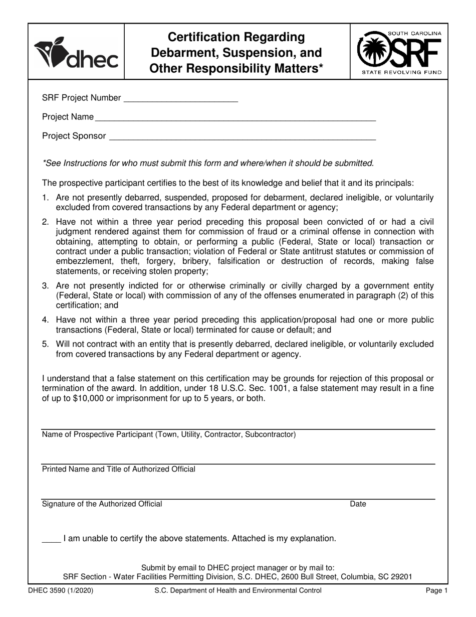 DHEC Form 3590 Certification Regarding Debarment, Suspension, and Other Responsibility Matters - South Carolina, Page 1