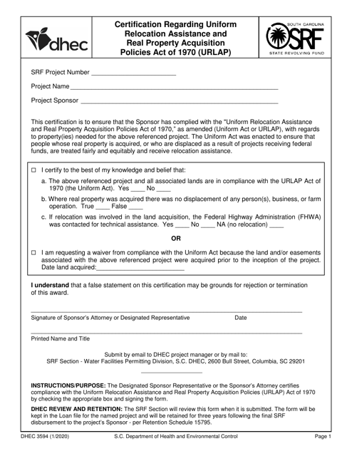 DHEC Form 3594  Printable Pdf