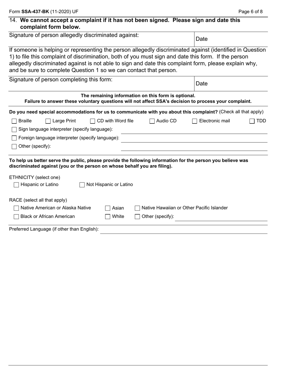 Form SSA-437-BK Complaint Form for Allegations of Discrimination in Programs or Activities Conducted by the Social Security Administration, Page 6