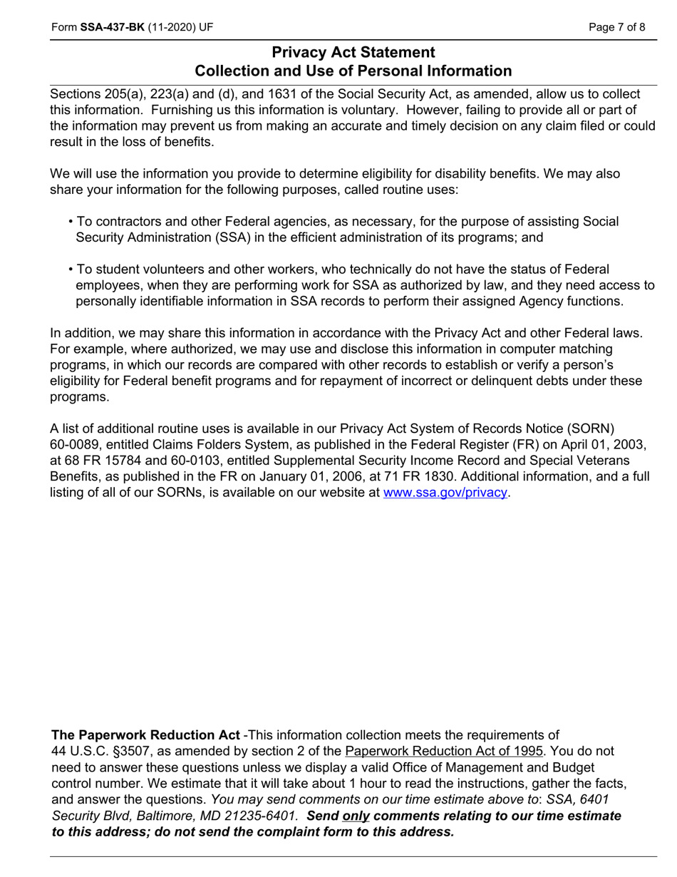 Form SSA-437-BK Complaint Form for Allegations of Discrimination in Programs or Activities Conducted by the Social Security Administration, Page 7