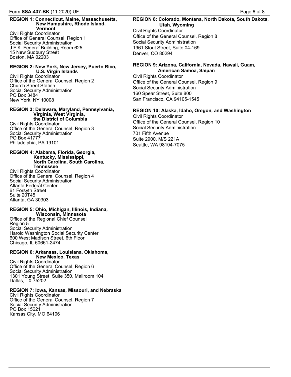Form SSA-437-BK Complaint Form for Allegations of Discrimination in Programs or Activities Conducted by the Social Security Administration, Page 8
