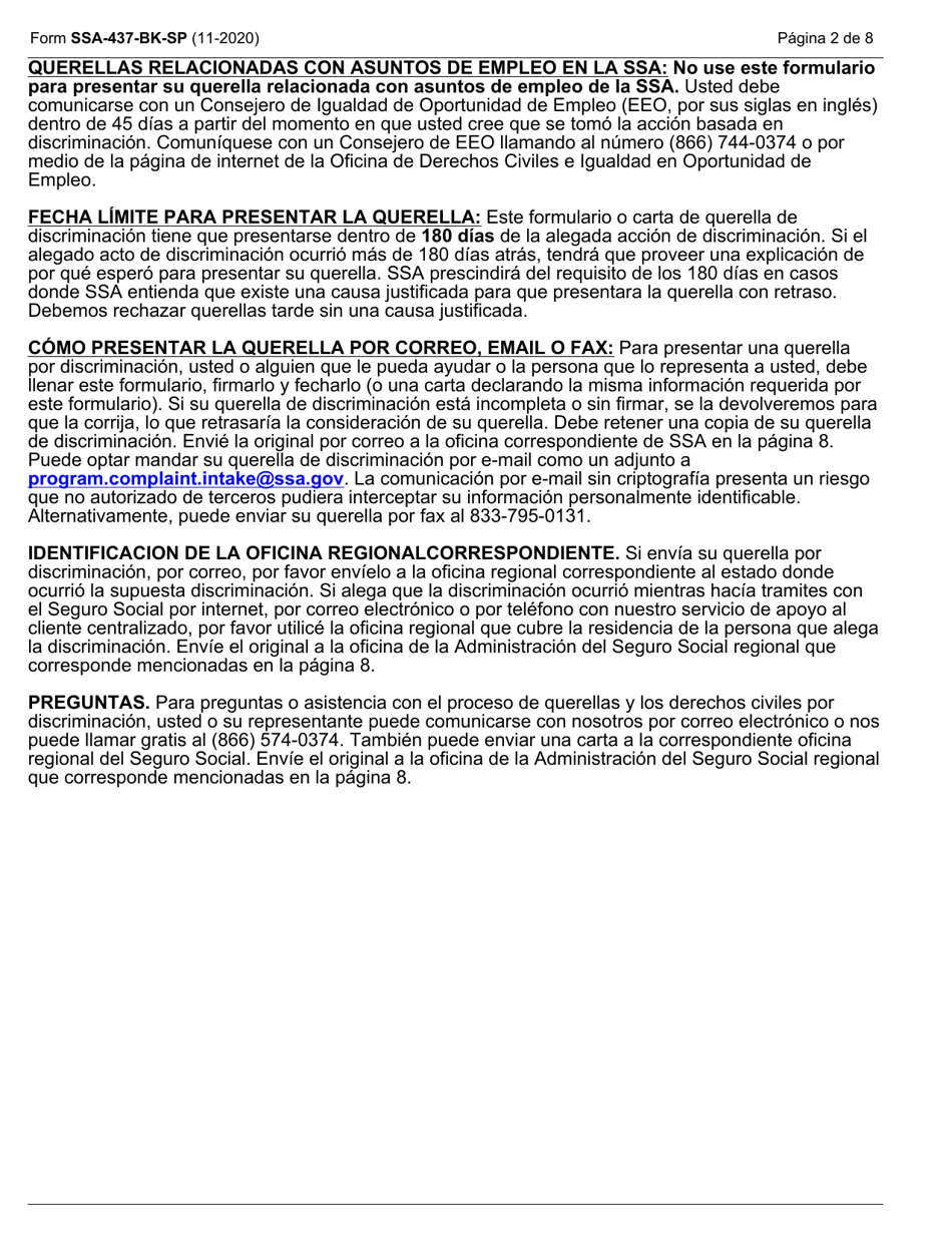 Formulario SSA-437-BK-SP Formulario De Querella Por Discriminacion (Spanish), Page 2