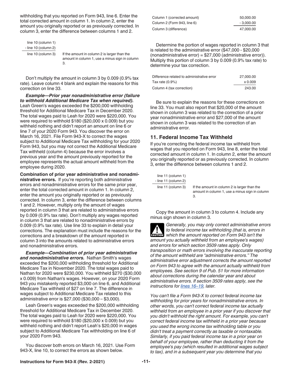 Instructions for IRS Form 943-X Adjusted Employers Annual Federal Tax Return for Agricultural Employees or Claim for Refund, Page 11