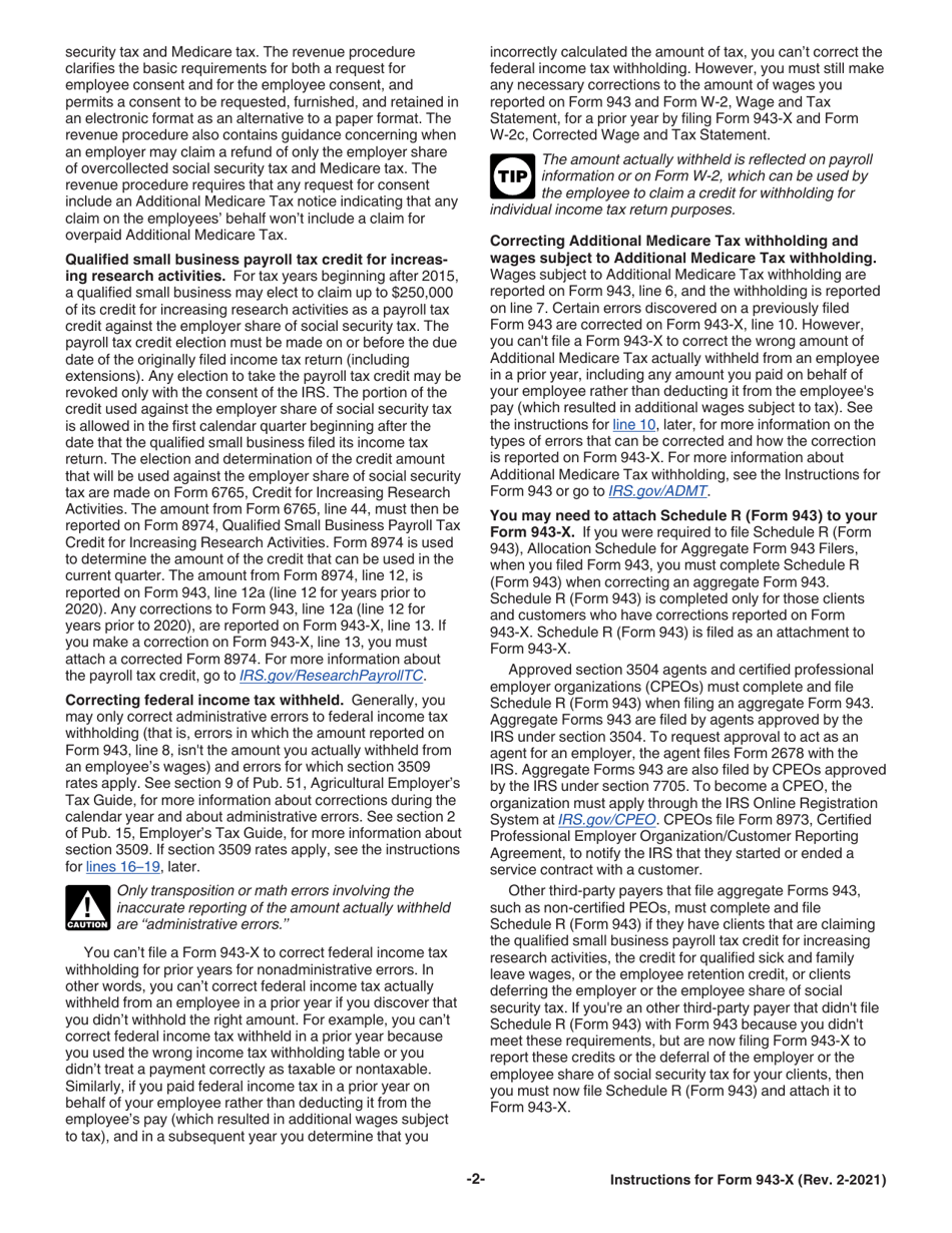 Instructions for IRS Form 943-X Adjusted Employers Annual Federal Tax Return for Agricultural Employees or Claim for Refund, Page 2