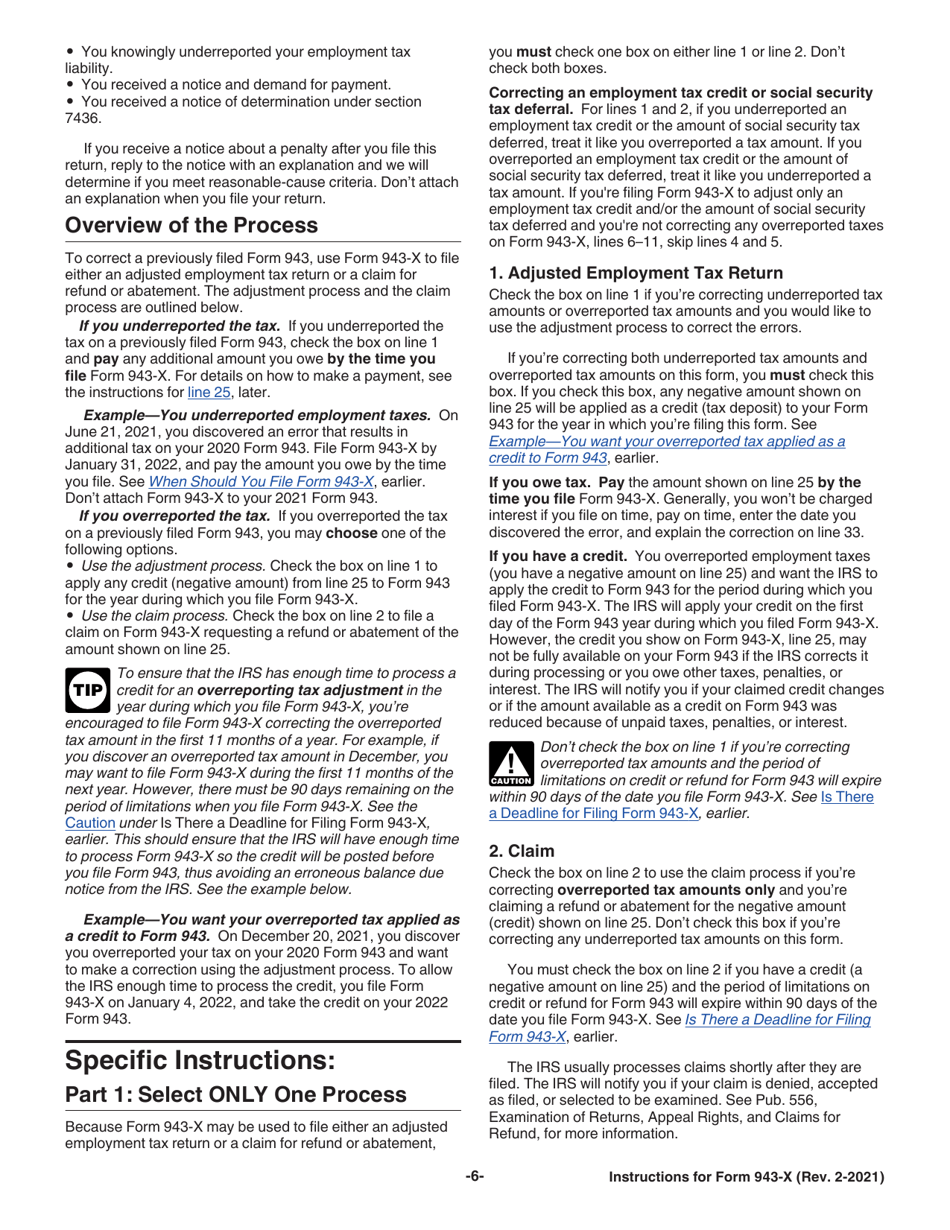 Instructions for IRS Form 943-X Adjusted Employers Annual Federal Tax Return for Agricultural Employees or Claim for Refund, Page 6