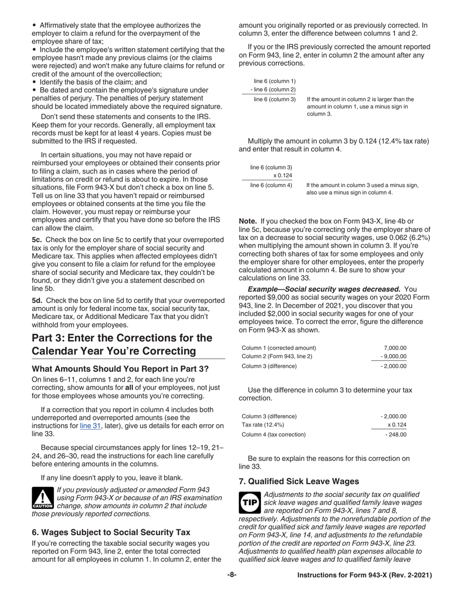 Instructions for IRS Form 943-X Adjusted Employers Annual Federal Tax Return for Agricultural Employees or Claim for Refund, Page 8