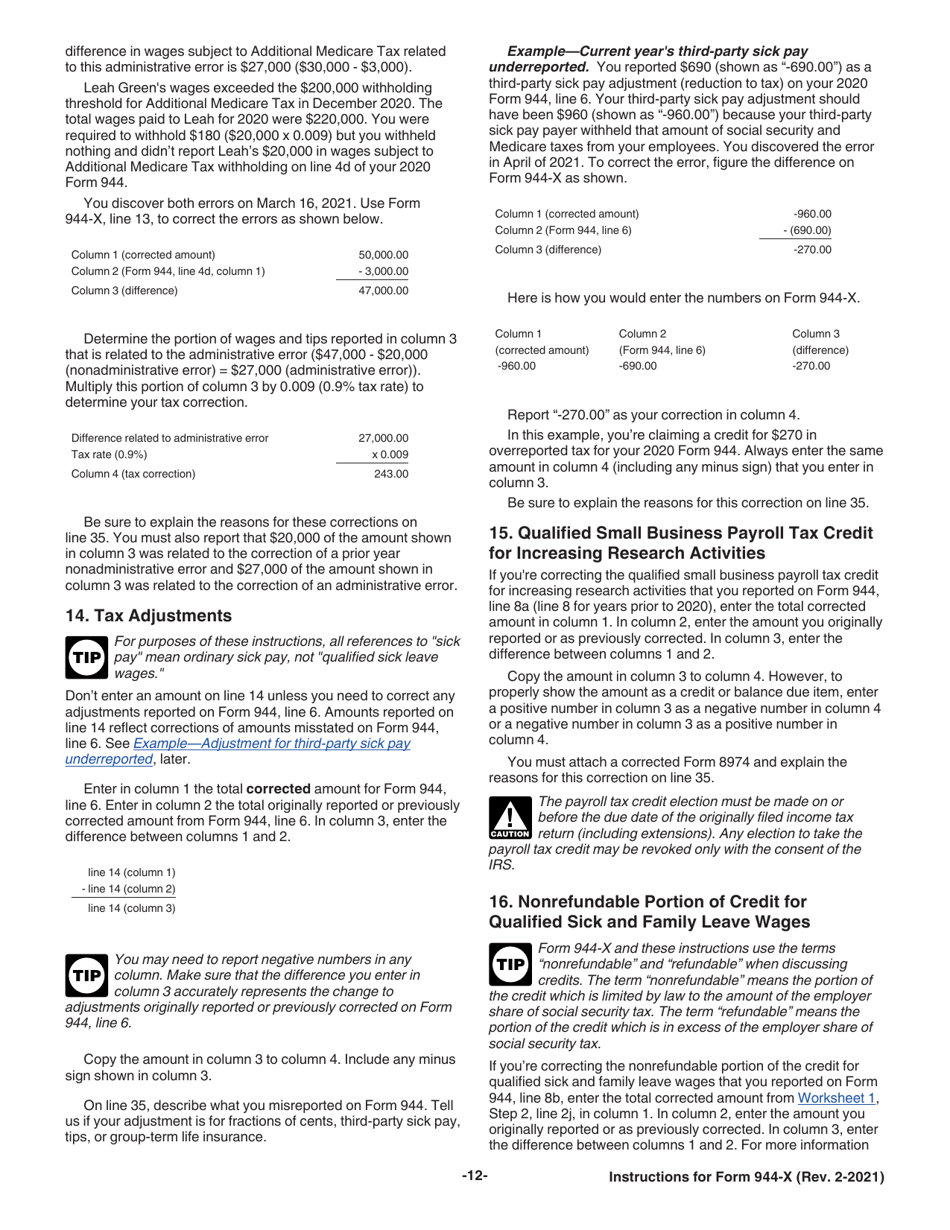Instructions for IRS Form 944-X Adjusted Employers Annual Federal Tax Return or Claim for Refund, Page 12