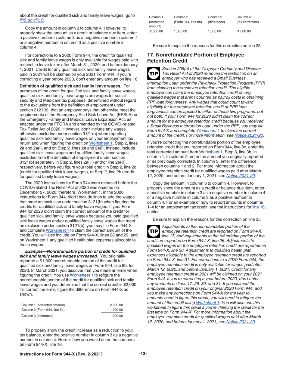 Instructions for IRS Form 944-X Adjusted Employers Annual Federal Tax Return or Claim for Refund, Page 13
