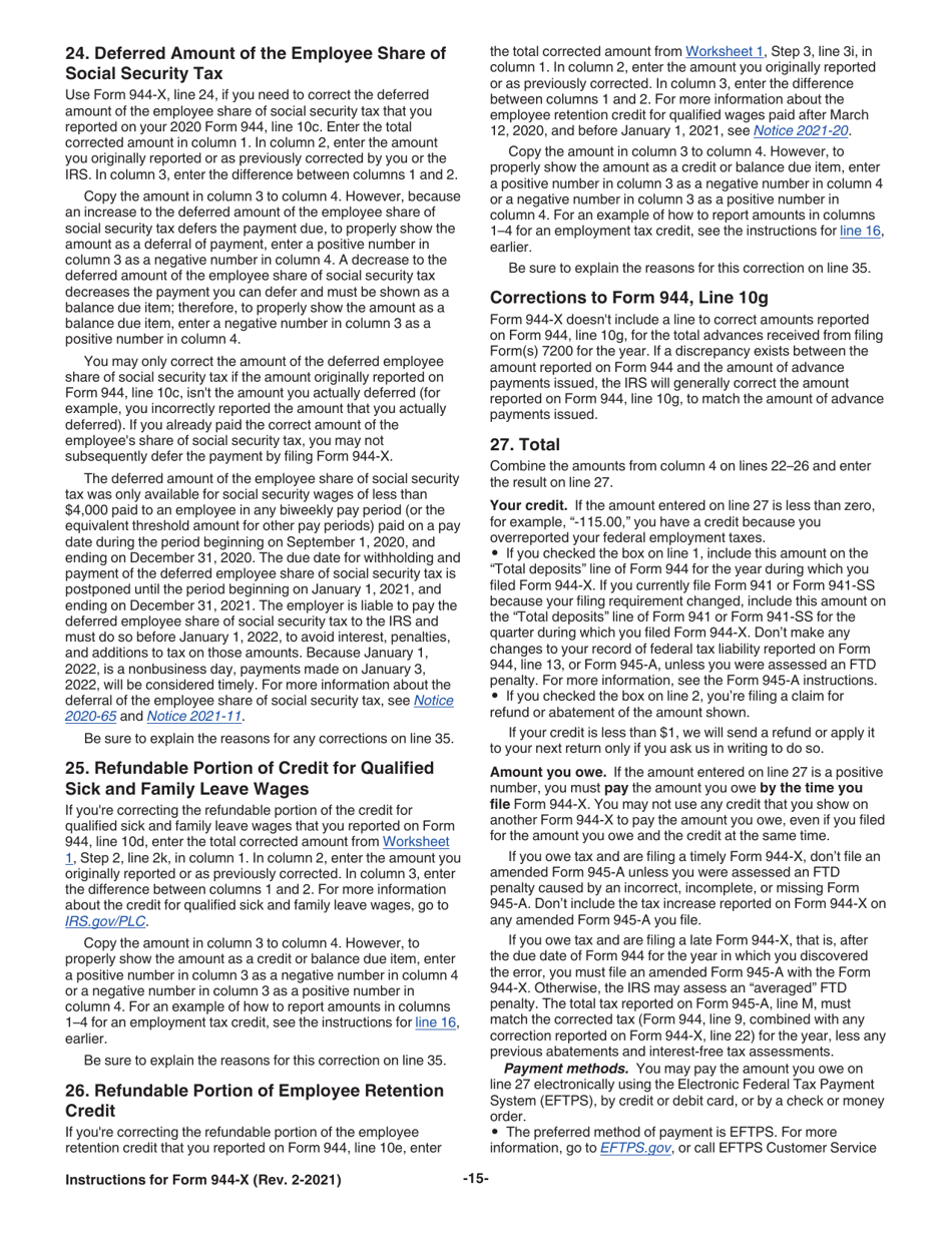 Instructions for IRS Form 944-X Adjusted Employers Annual Federal Tax Return or Claim for Refund, Page 15