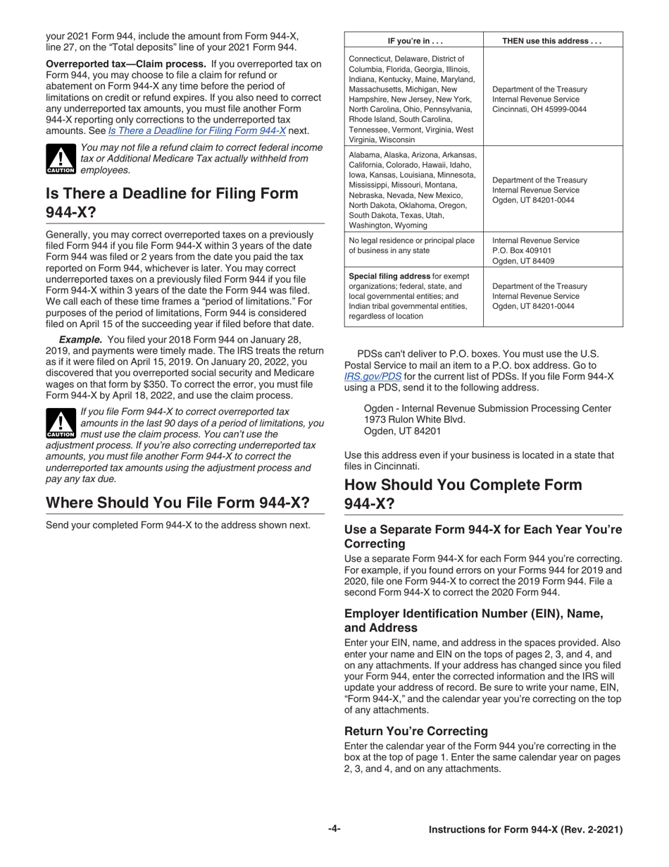 Instructions for IRS Form 944-X Adjusted Employers Annual Federal Tax Return or Claim for Refund, Page 4